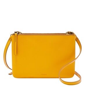 💼🐄Beautiful Fossil Golden Yellow Mustard Genuine Leather Cowhide Crossbody Bag